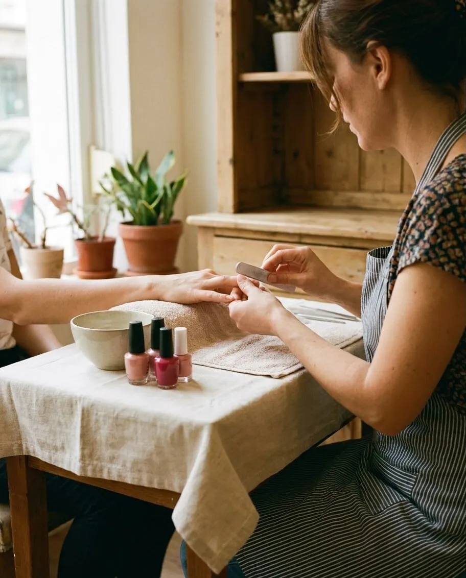 Esteticista limando las uñas de una clienta en una mesa de manicura con esmaltes