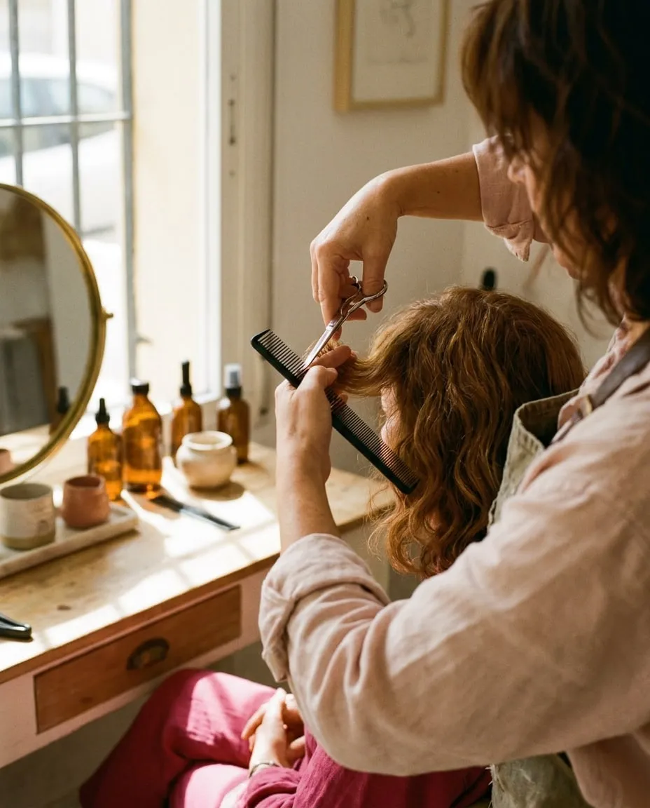 Manos de una peluquera cortando el pelo a una clienta con peine y tijeras, junto a la ventana